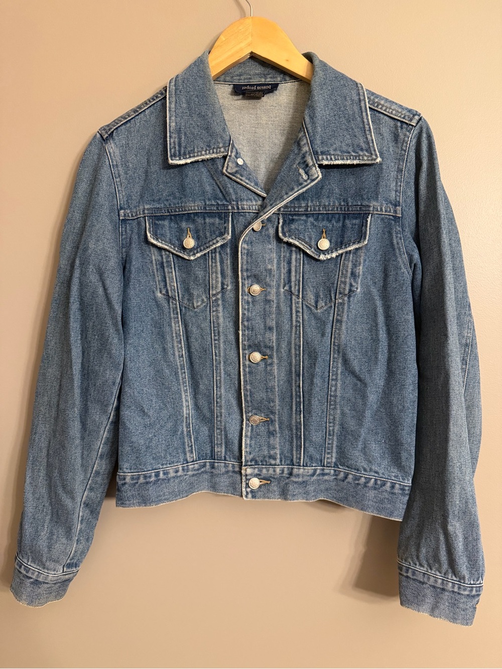 Vintage Boston Proper Distressed Denim Trucker Jacket Size 6 Raw Hem Western 90s